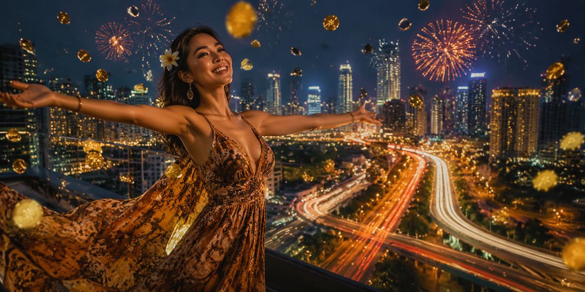 Suasana festival malam yang meriah dengan layar permainan digital berwarna-warni