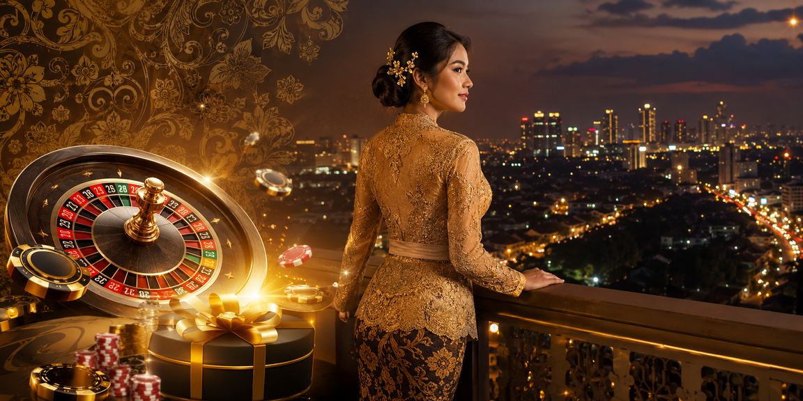 Model perempuan berpose di samping meja roulette di suasana casino modern bercahaya